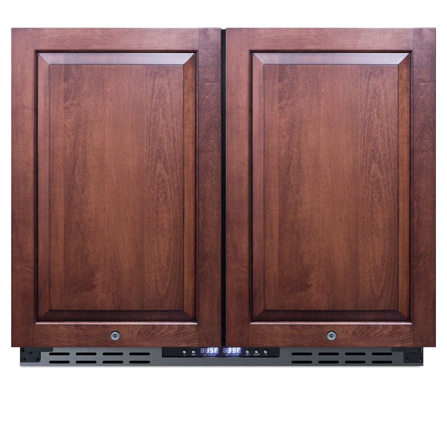 Built-in undercounter refrigerator-freezer with wood panel doors and digital temperature display in Refrigerators collection