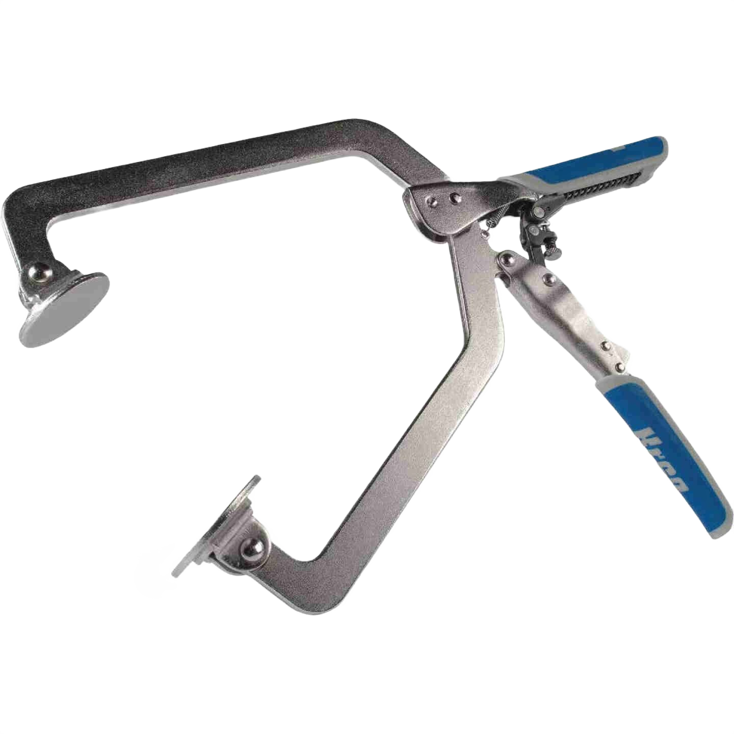 Metal wood clamp with blue grip handles designed for secure fastening in woodworking and home improvement projects