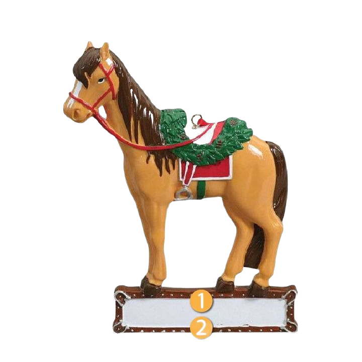 Tan saddled horse ornament with festive green garland and red reins for Christmas Ornaments & Tree Decorations collection