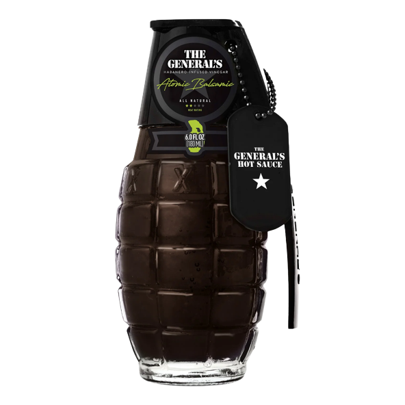 Dark glass bottle shaped like a grenade containing habanero-infused vinegar from grilling sauces and spices collection