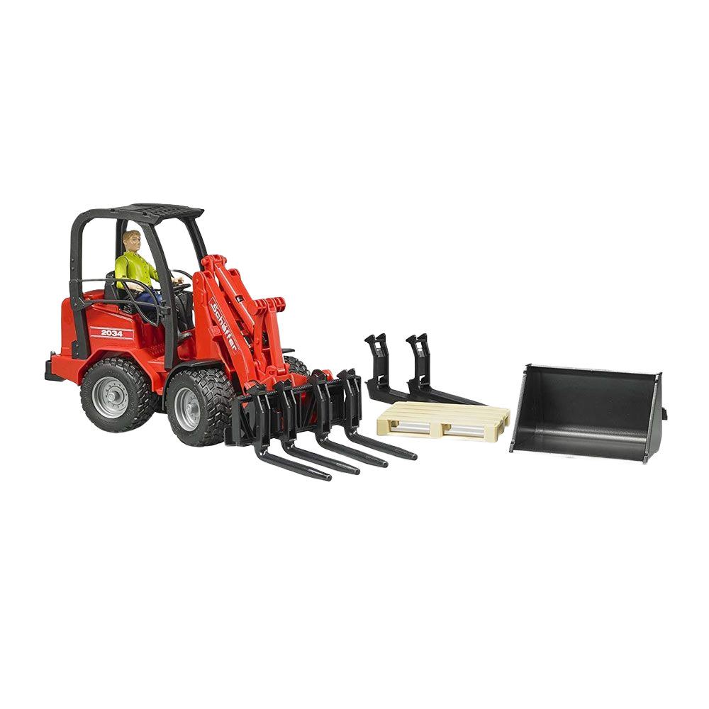 Red compact loader toy with figure and multiple attachments including loader bucket and pallet fork for play or display