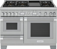 Commercial depth 48-inch dual fuel range with stainless steel finish, multiple burners, steam and convection ovens in Thermador collection