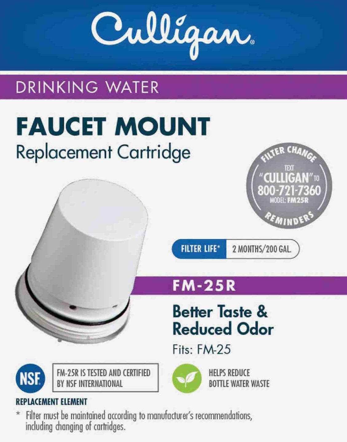 White cylindrical faucet mount filter cartridge designed for water filtration with reminder notification for replacement.