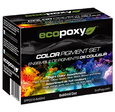Box of EcoPoxy liquid color pigments in vibrant shades for use in sealers, finishes, and wood sealers under $100 collection