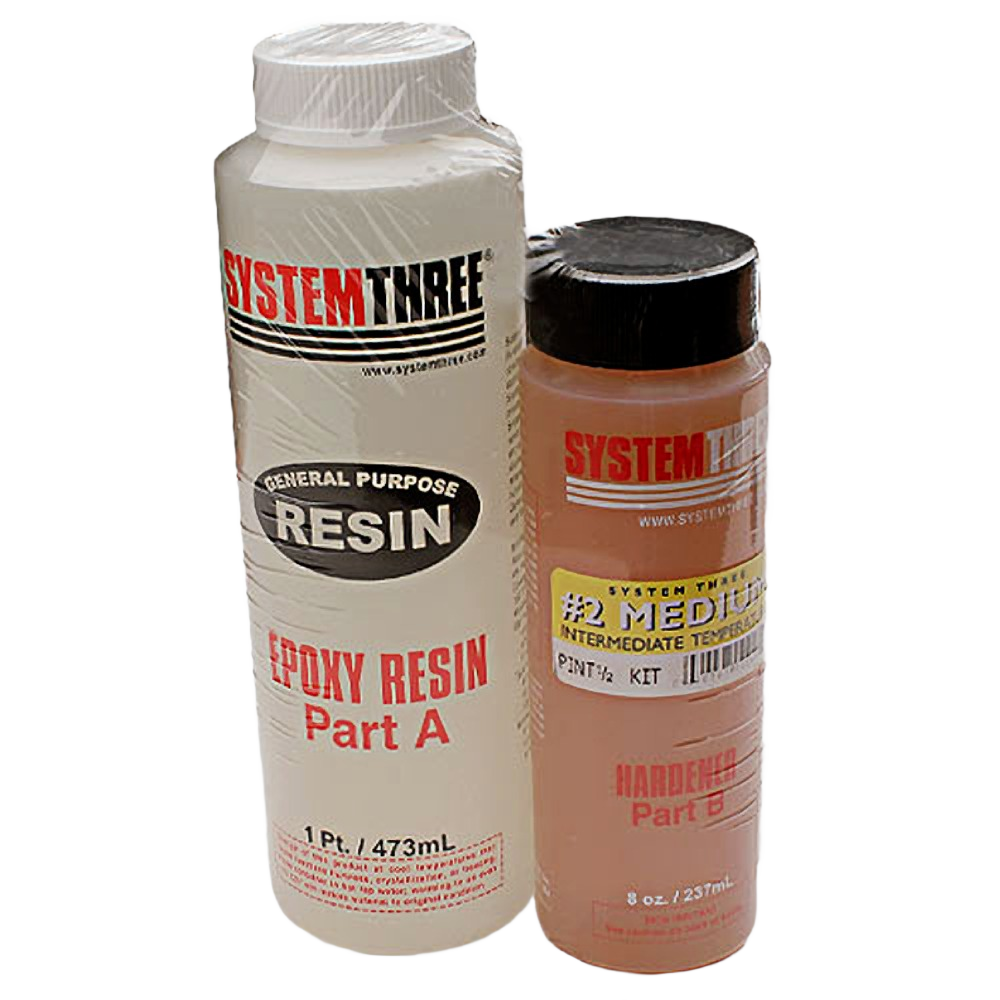 Two-part System Three epoxy resin and hardener bottles for wood sealers, epoxy, and general repair projects