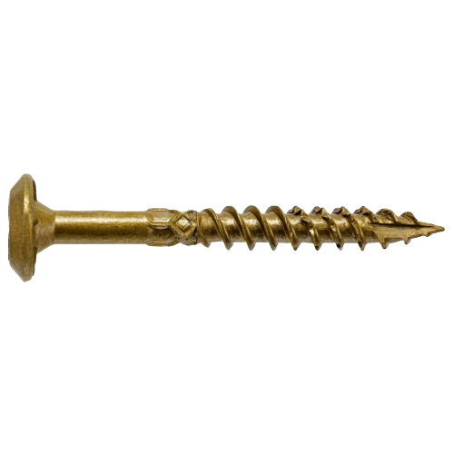 Full-size gold-toned shoulder screw with reduced body for lumber and fastener use in hardware and home improvement projects