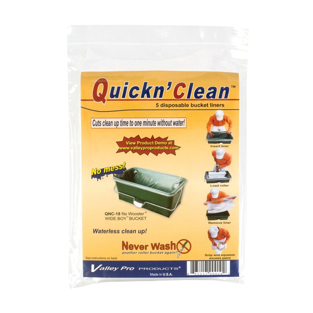 Clear pack of Quickn Clean disposable liners with instructions for waterless cleaning and paint roller use in cleaning tools