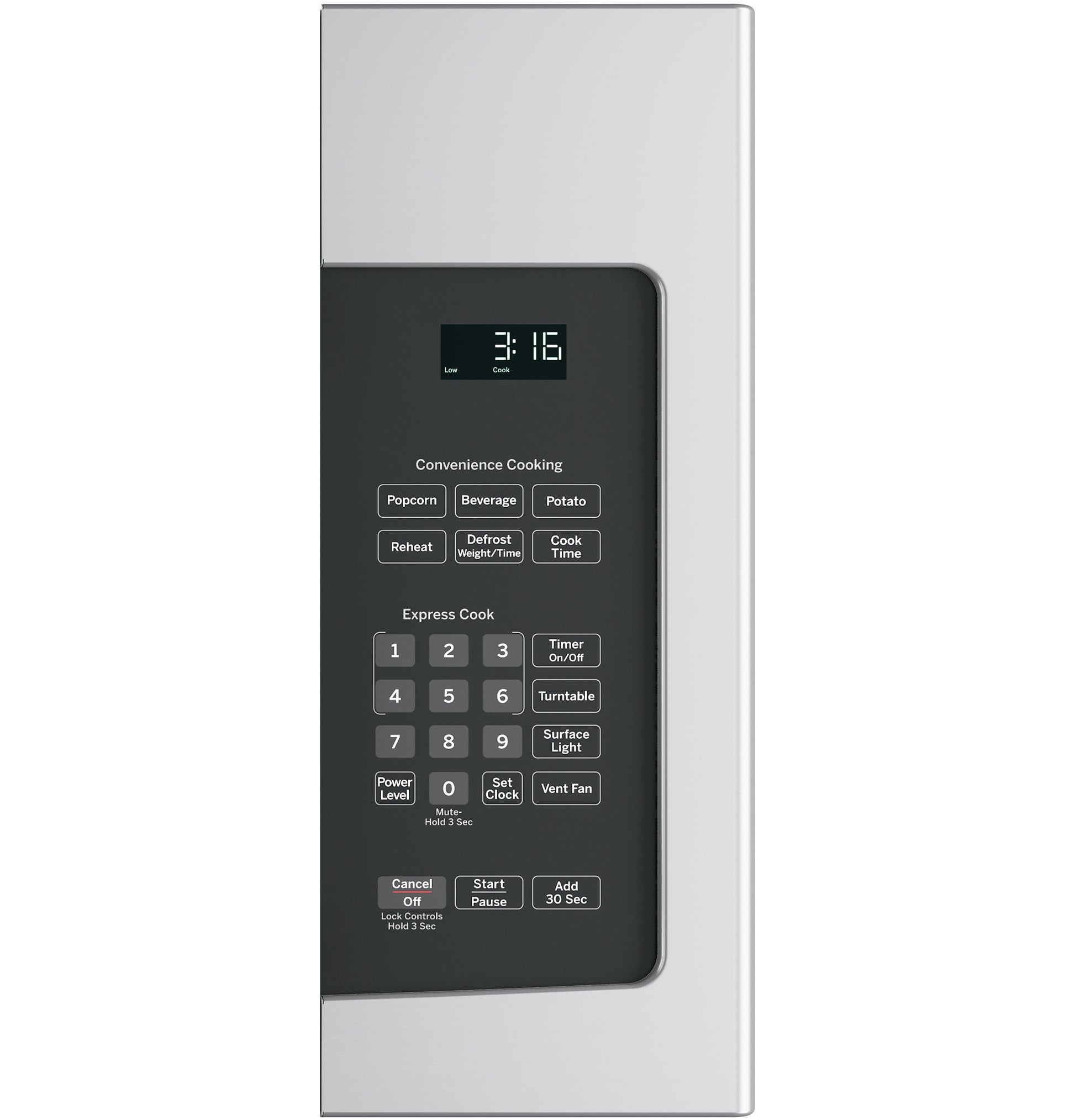 Digital control panel with preset cooking buttons and timer display on stainless steel microwave for kitchen appliances.