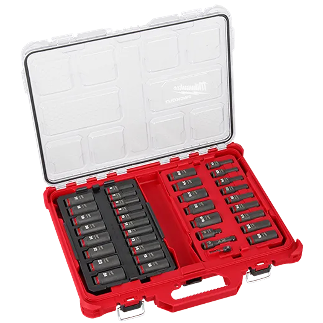 36-piece impact duty socket set in red PACKOUT case for hand tools and woodworking tool collections