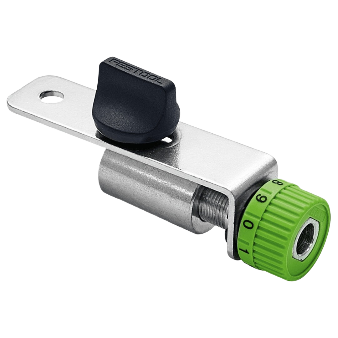 Metal router guide stop with green numbered adjustment dial and black locking knob for precise tool settings in home improvement