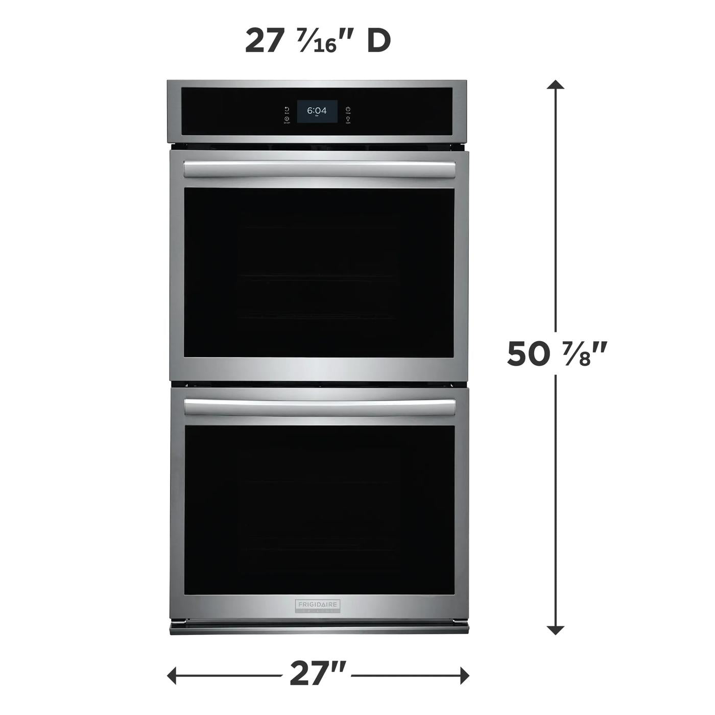 Front view of stainless steel 27-inch double electric wall oven with digital display and sleek handles in appliances collection