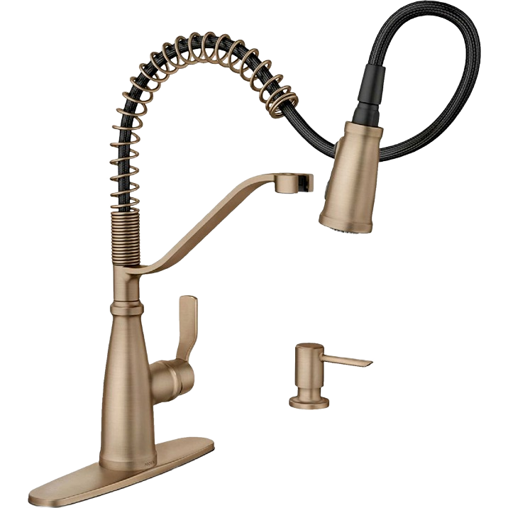 Bronze gold high arc pulldown kitchen faucet with single handle and matching soap dispenser in faucets collection