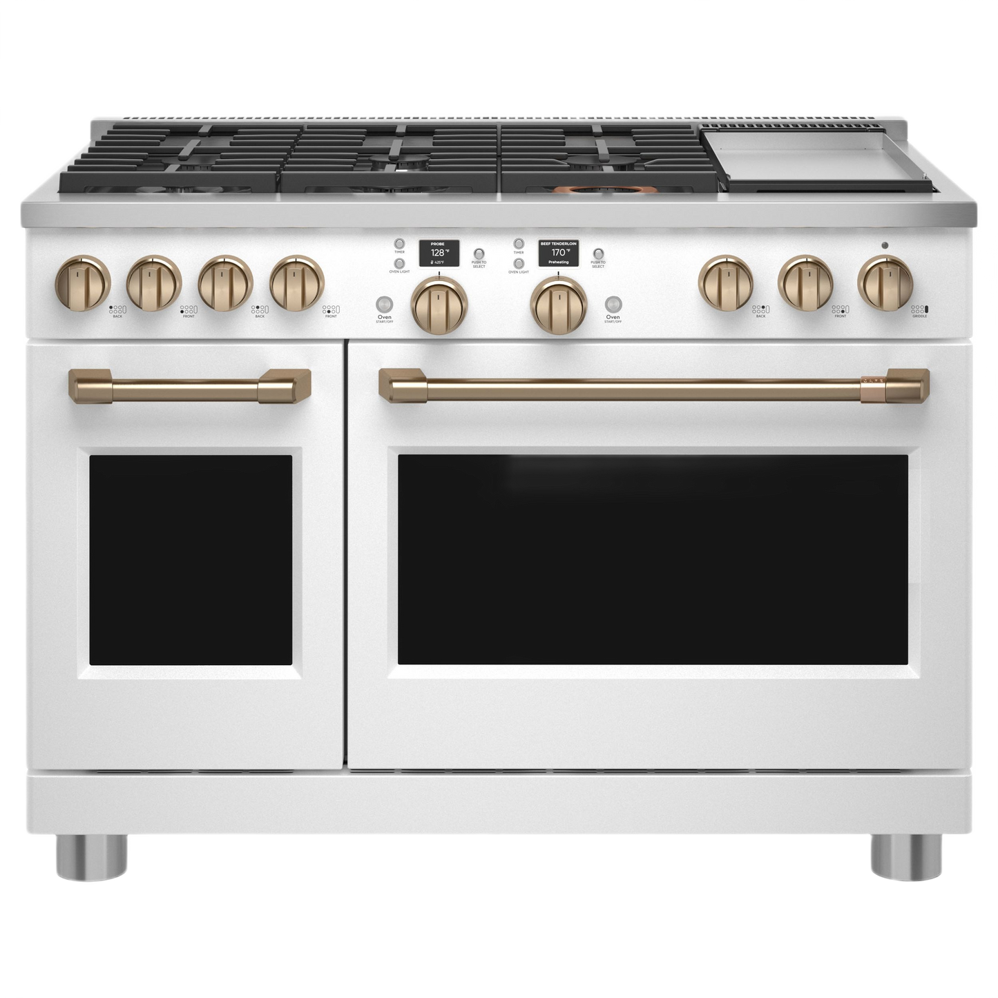 Front view of white dual-fuel commercial-style range with six burners, griddle, and gold-tone knobs from Gas Ranges collection