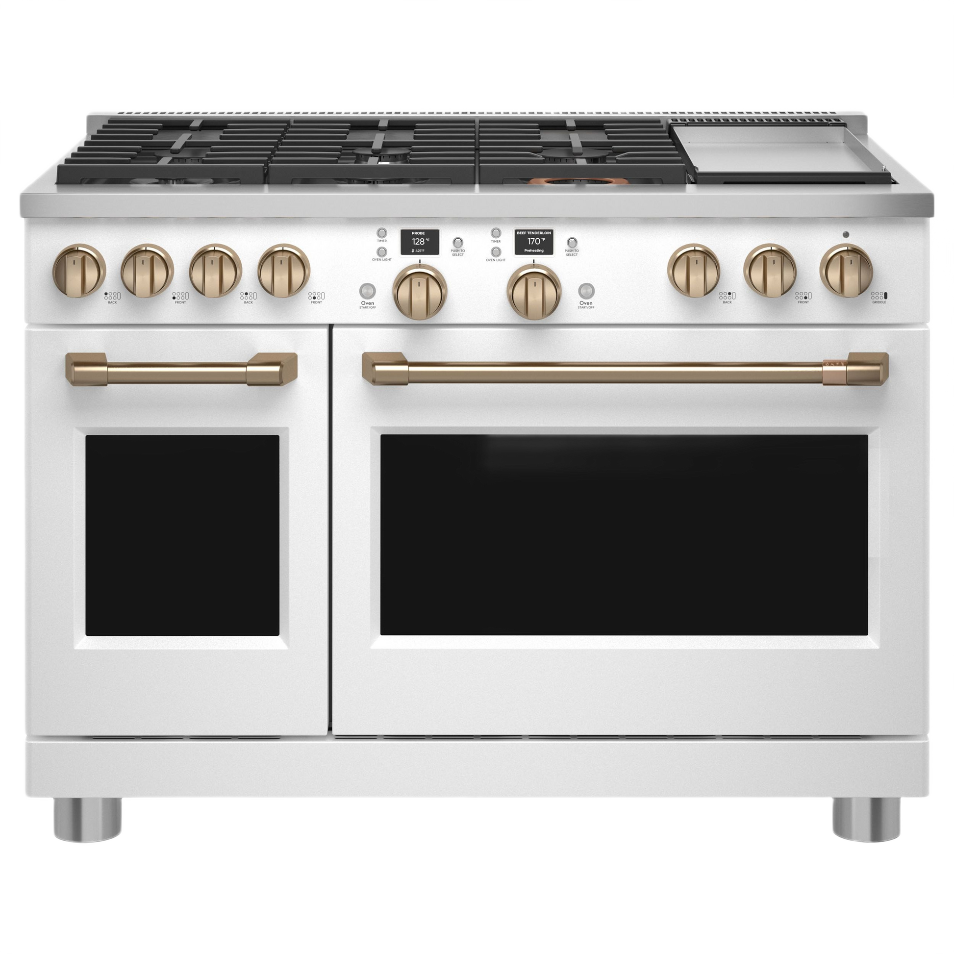 Front view of white dual-fuel commercial-style range with six burners, griddle, and gold-tone knobs from Gas Ranges collection