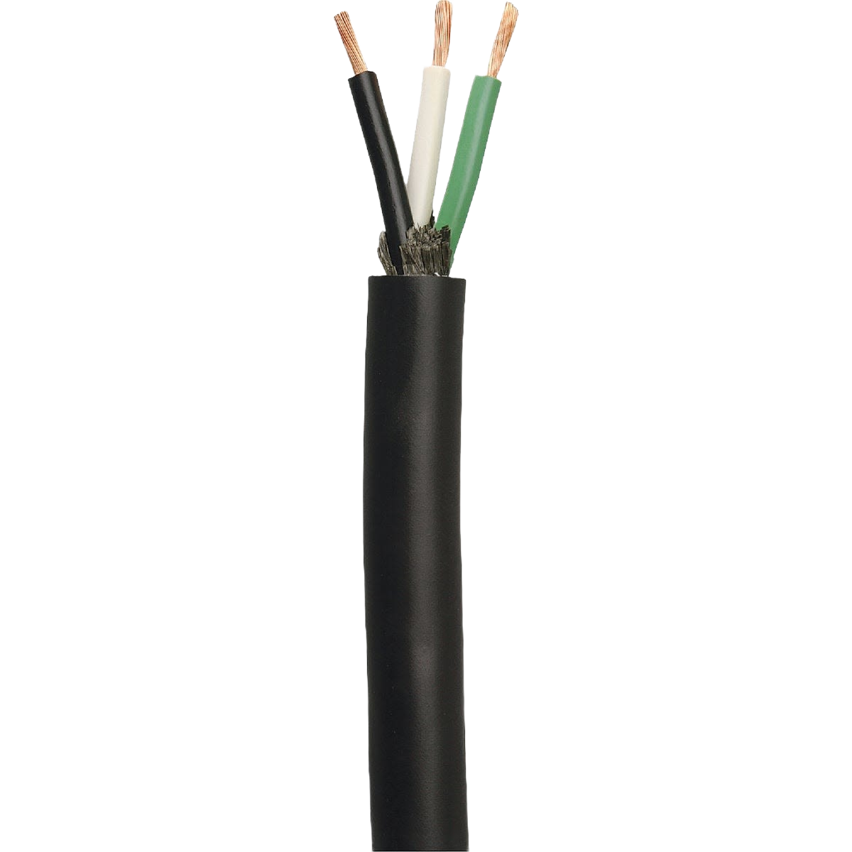 Black service cord with three exposed copper wires for electrical and wire collections in home improvement tools