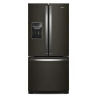 Whirlpool black finish French door refrigerator with bottom freezer and external water dispenser in kitchen appliances collection