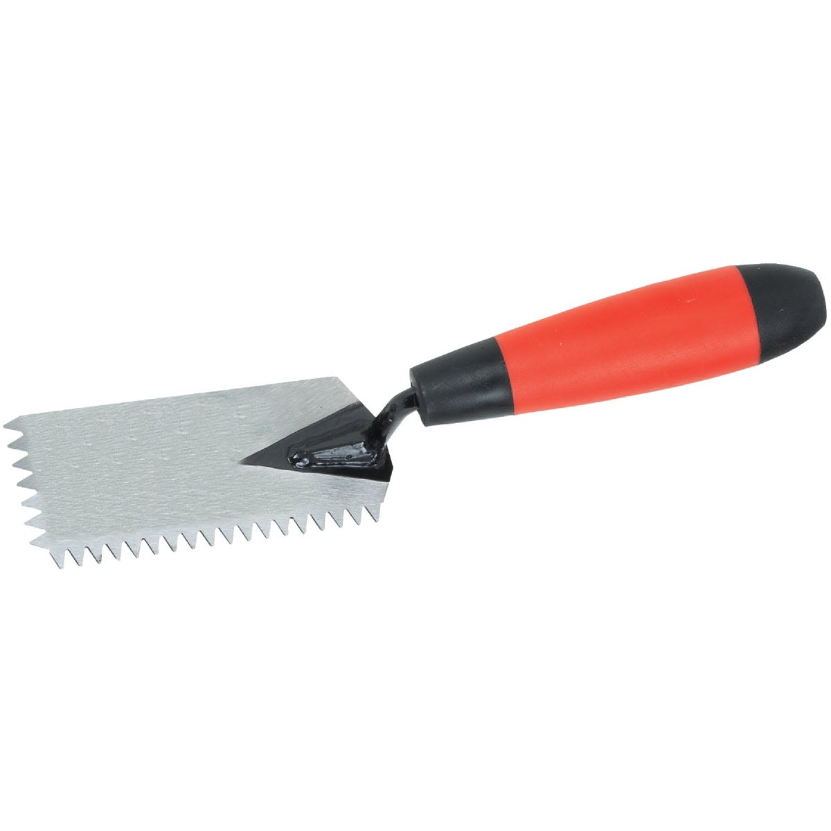 Flooring tool with red and black grip and notched tempered steel blade for precise adhesive spreading in flooring and hand tools collections