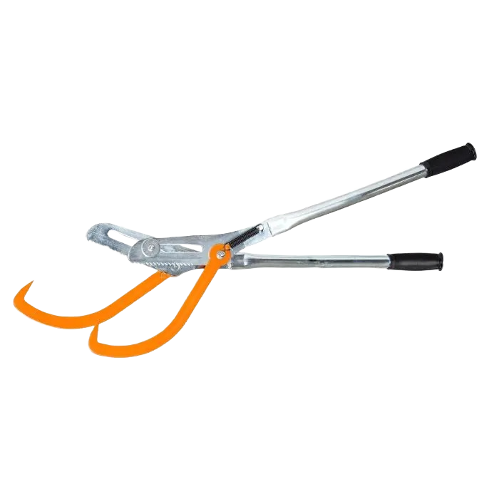 Metal log turning tool with orange curved gripping arms and long silver handles for wood handling tasks
