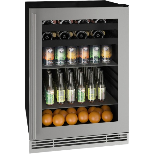 Compact beverage center with glass door, stainless steel frame, storing bottles and cans in kitchen appliances collection