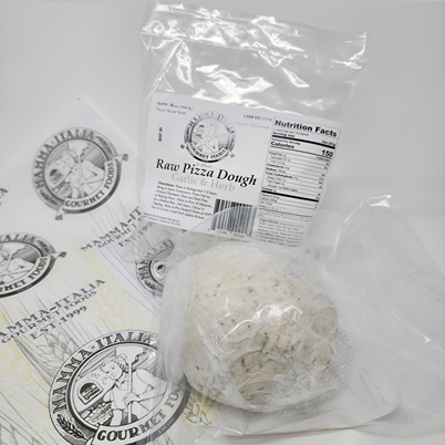 Package of raw garlic and herb pizza dough with nutrition facts and branded stickers for grilling and food collections under $50