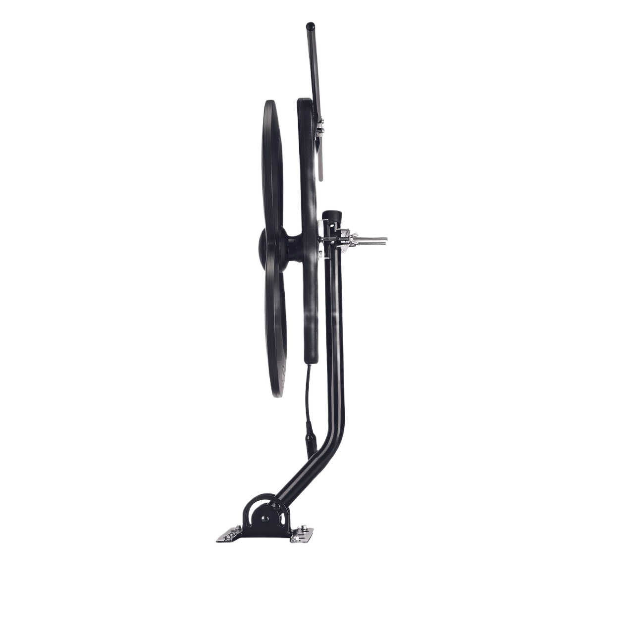 Side view of black metal HDTV antenna with mounting base designed for improved television signal reception