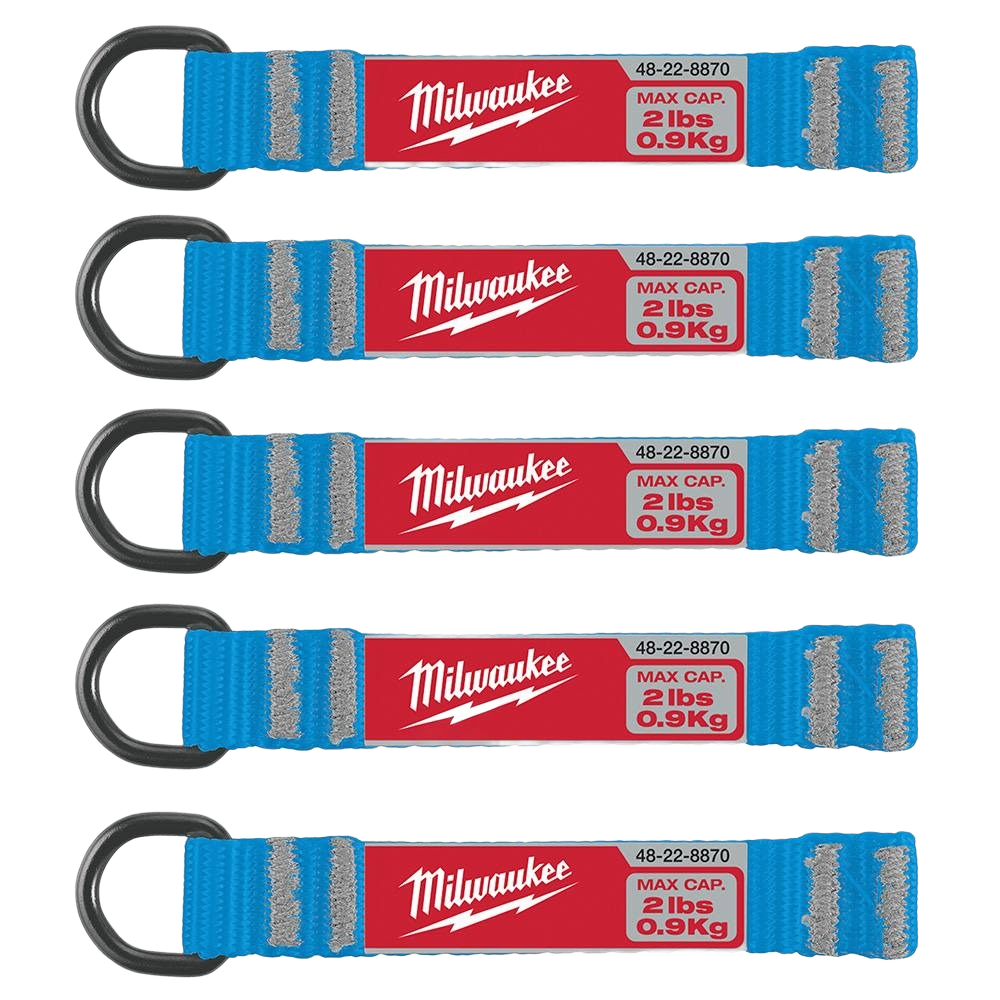 Set of five Milwaukee blue 2-lb D-ring web attachments for safety and hardware tool use projects