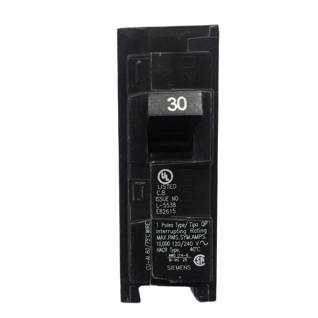 Black 30 amp single pole plug-in circuit breaker with printed technical specifications for home electrical use