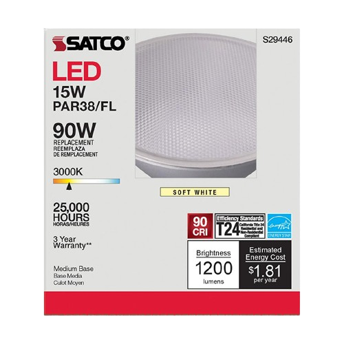 LED bulb with 15 watts and medium base, warm white light, energy-efficient with 25,000 hours lifespan and 3000K color temperature