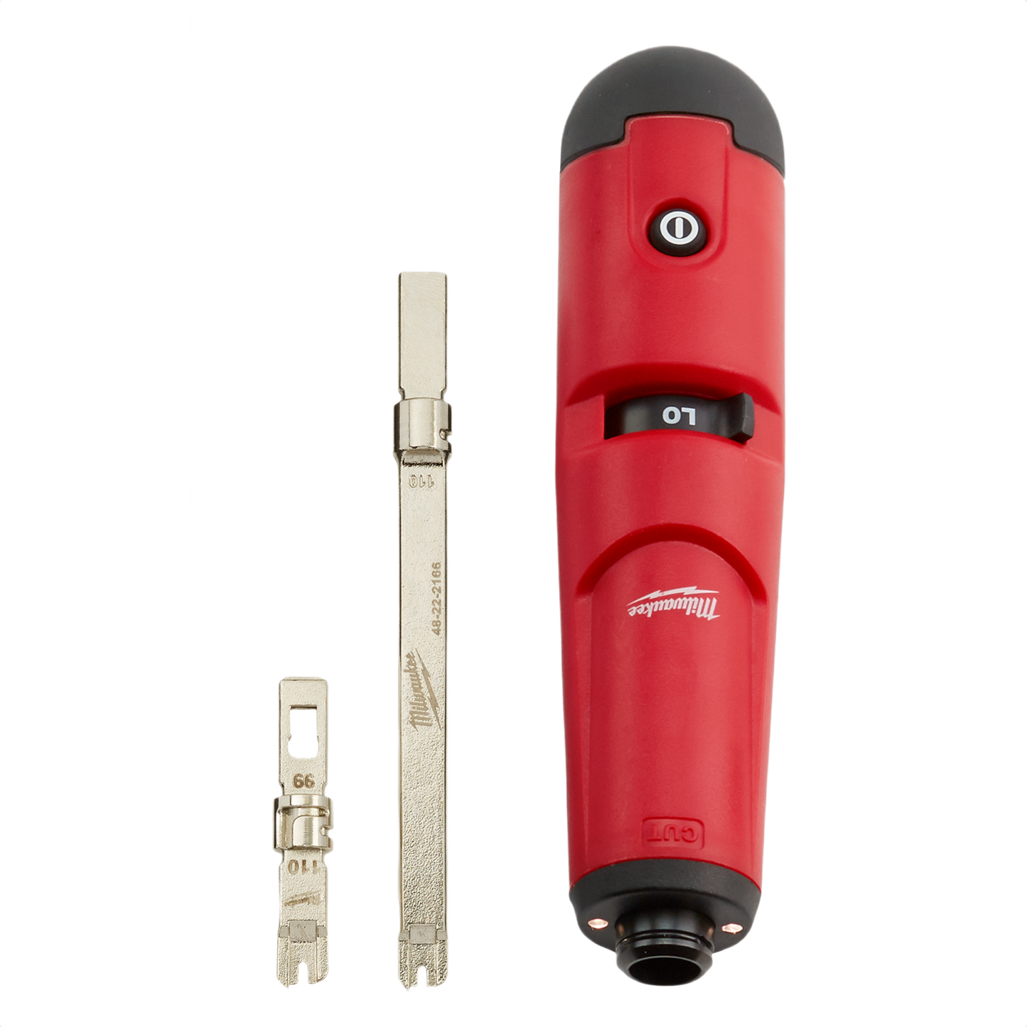 Red and black punchdown tool with two metal extended blades for telecommunications and home improvement tasks