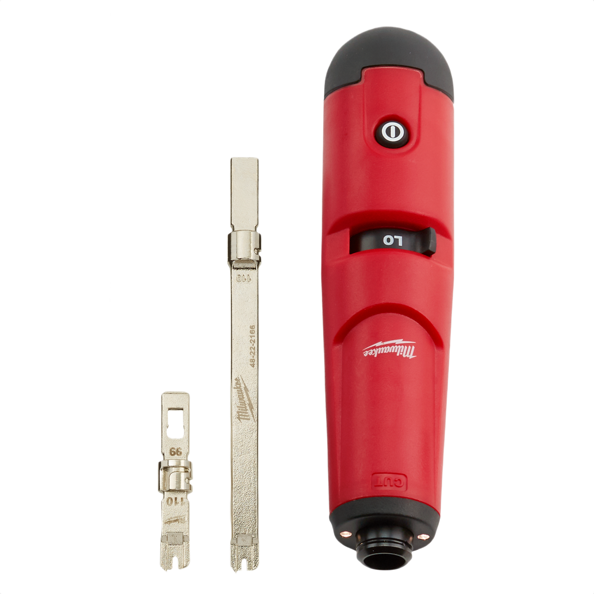 Red and black punchdown tool with two metal extended blades for telecommunications and home improvement tasks