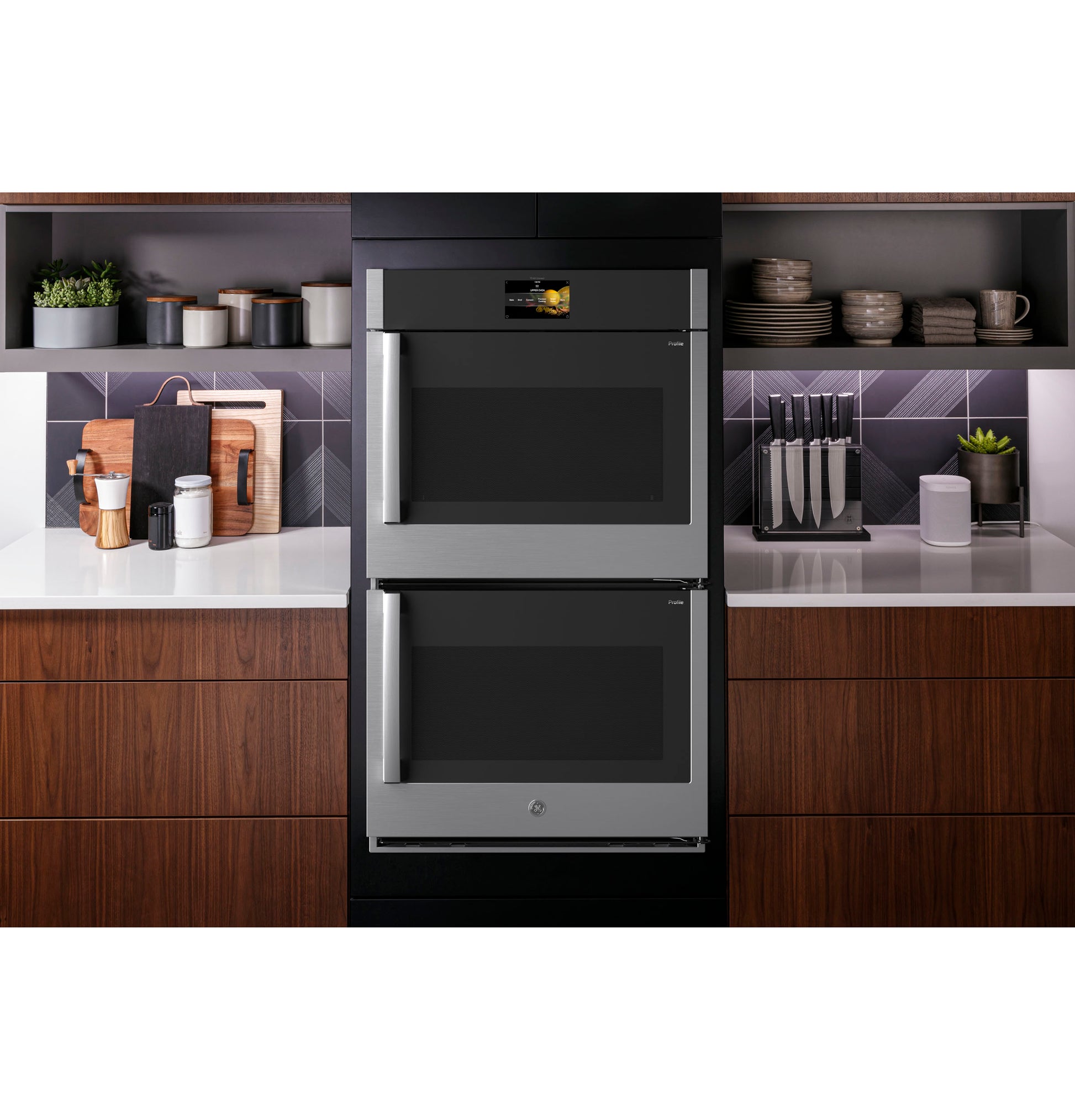 Contemporary built-in convection double wall oven with sleek stainless steel and black finish in modern kitchen setting