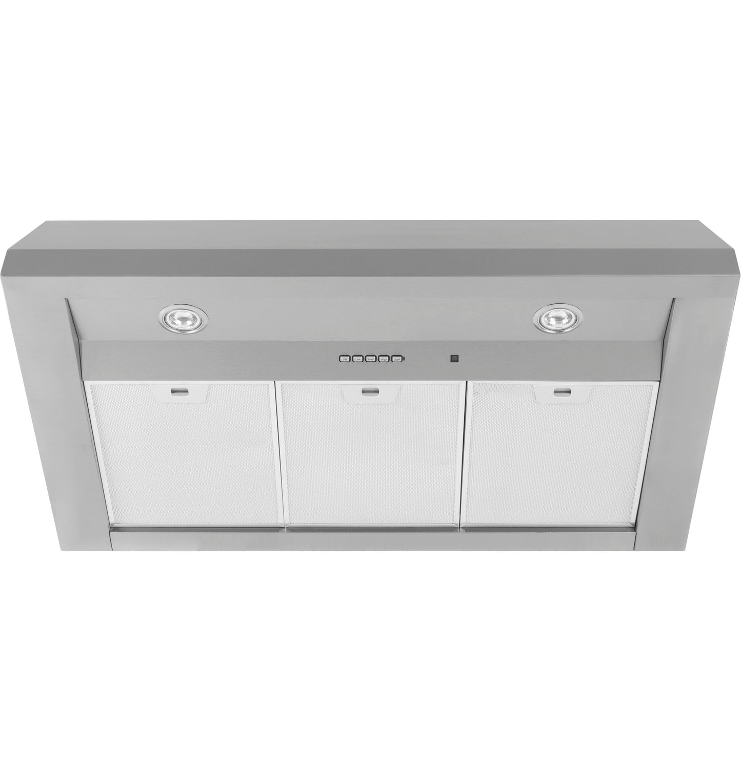 Stainless steel wall mount range hood with dimmable LED lights and three removable filter panels for kitchen appliances