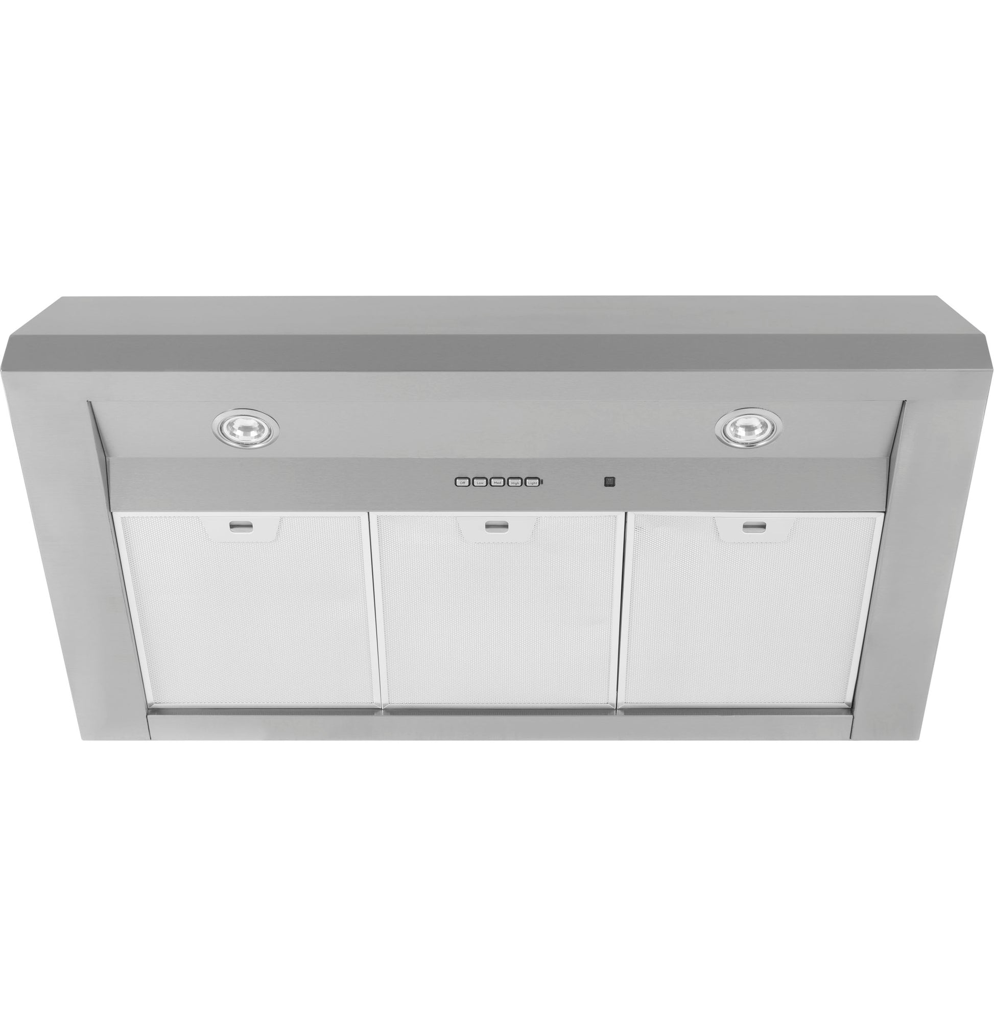 Stainless steel wall mount range hood with dimmable LED lights and three removable filter panels for kitchen appliances