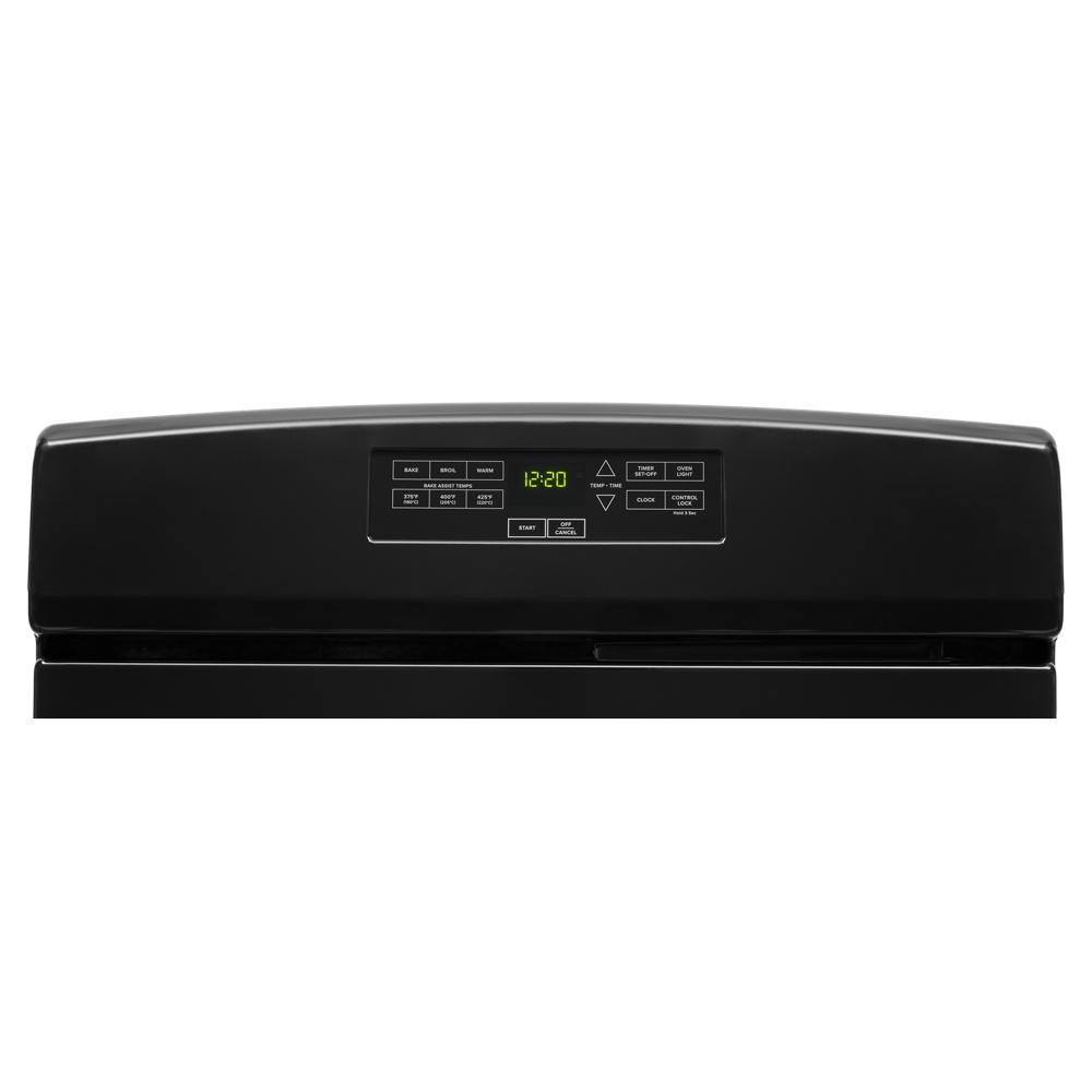 Black control panel with digital clock and preset bake assist temperature buttons for modern kitchen ranges and appliances