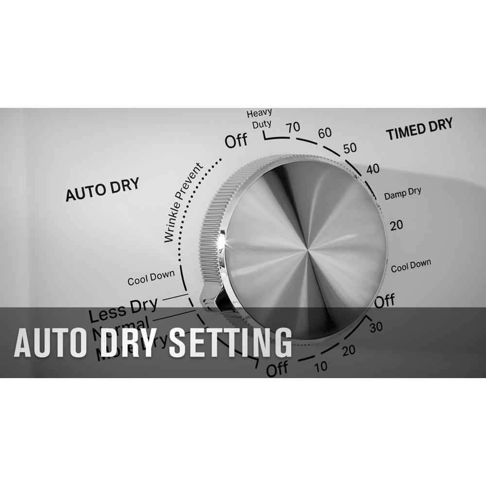 Close-up of dryer control knob with auto dry, wrinkle prevent, cool down, and timed dry settings in appliances collection