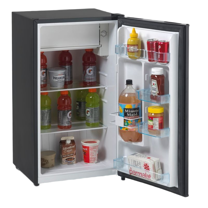Black compact refrigerator with chiller compartment and organized interior in refrigerators and kitchen appliances collection