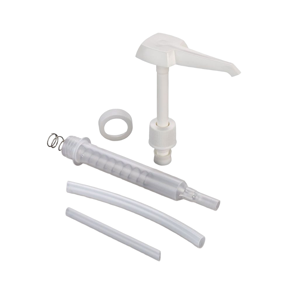 White plastic dispensing plunger pump with clear tubes and sealing ring for gallon and half-gallon containers under $50
