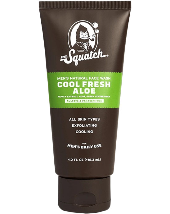 Brown tube of Dr. Squatch Cool Fresh Aloe face wash with green label for men's daily exfoliating and cooling skincare use