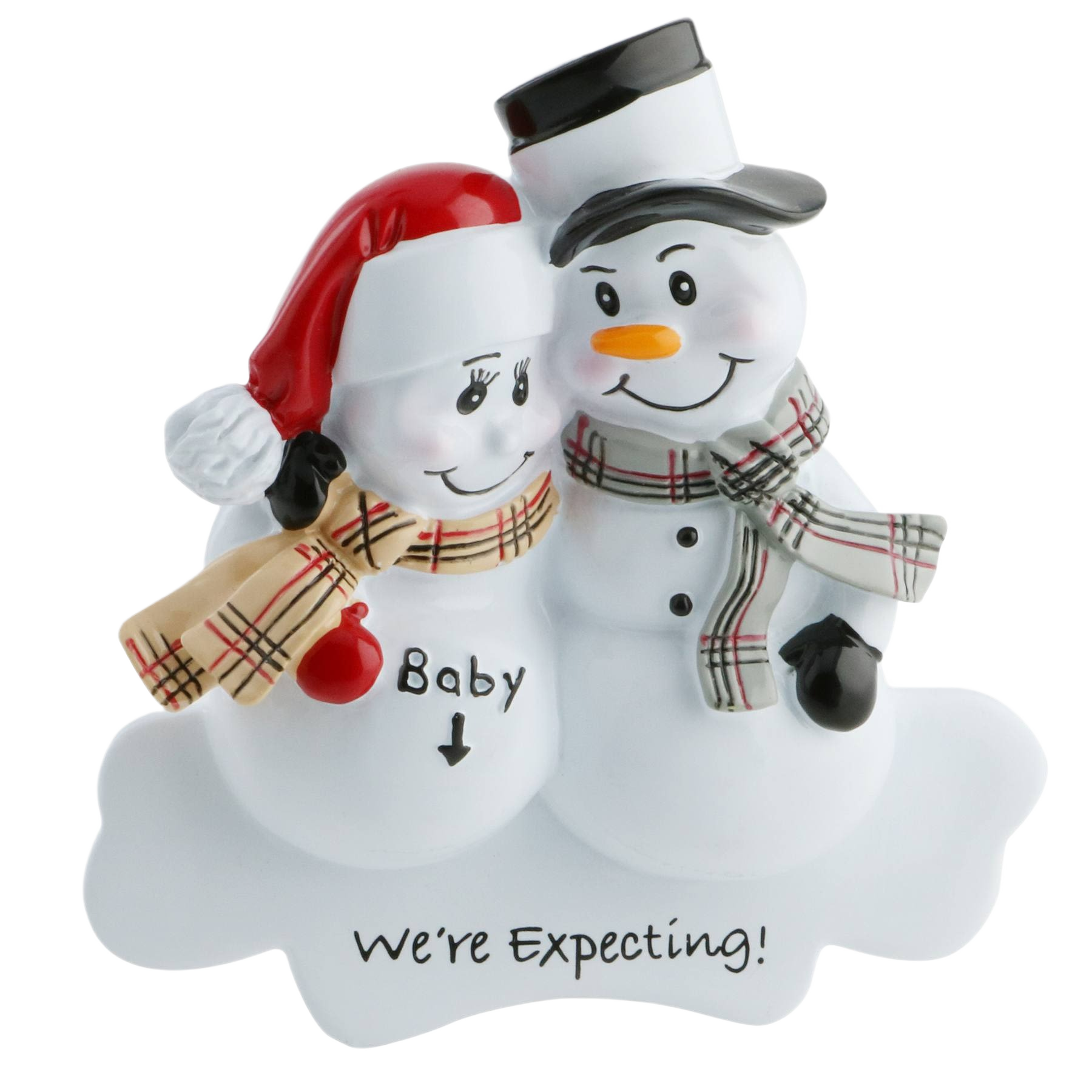 Pair of snowmen figurines with scarves and hat, "We're Expecting" text, Christmas Ornaments & Tree Decorations under $50 collection