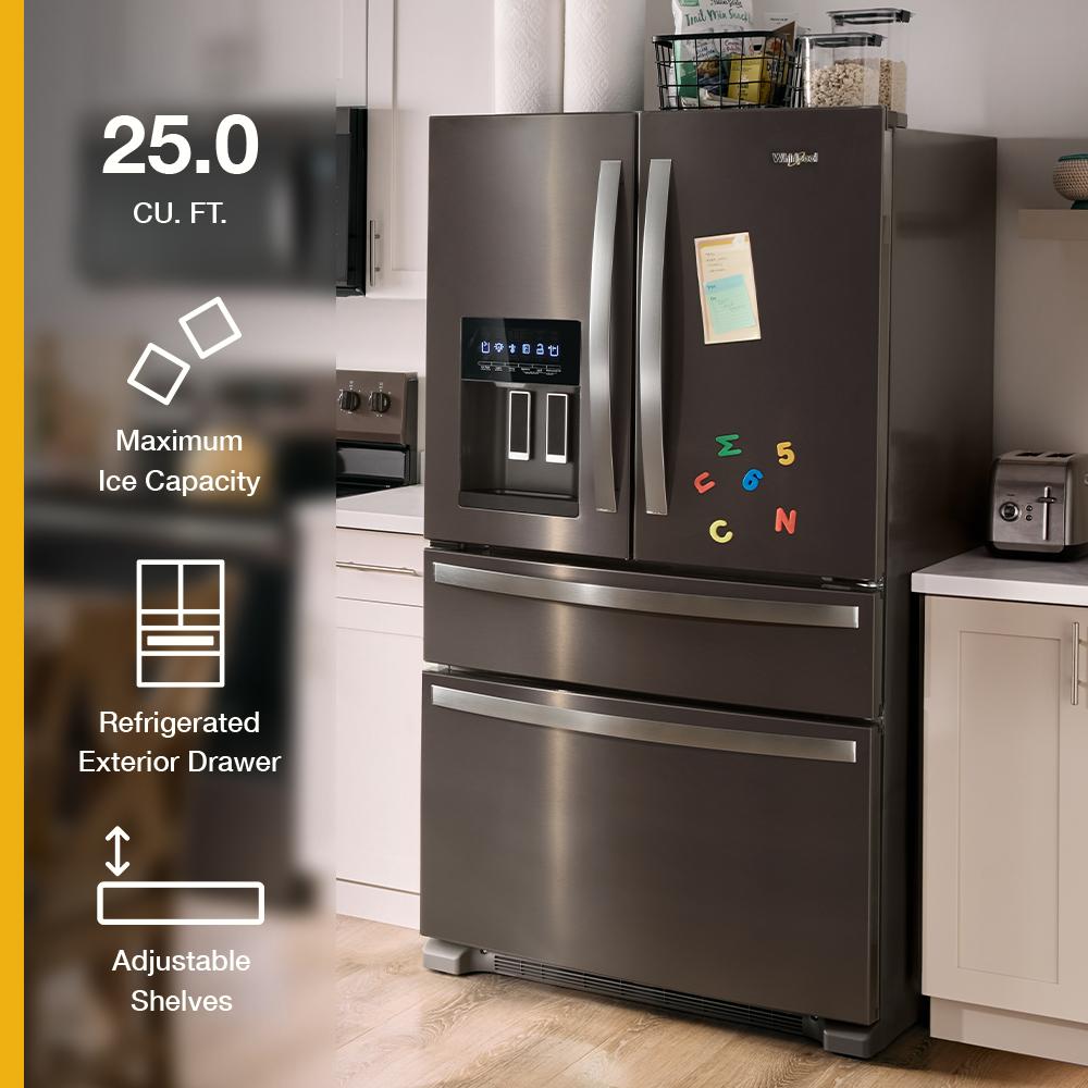 Modern stainless steel French door refrigerator with bottom drawers, exterior water dispenser, and adjustable shelves in kitchen appliances collection