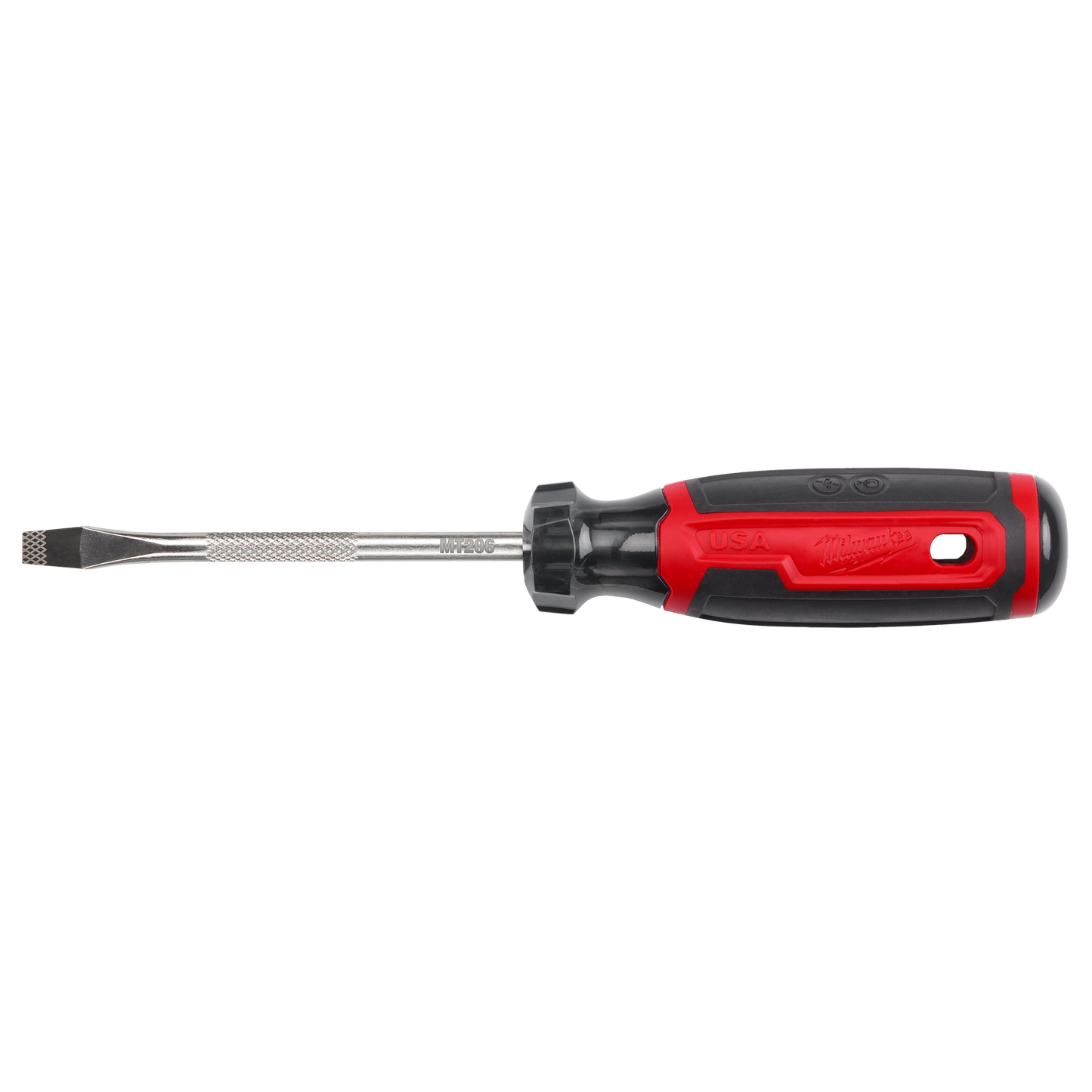 Red and black cushioned grip slotted screwdriver with 4-inch shank for tools and home improvement use