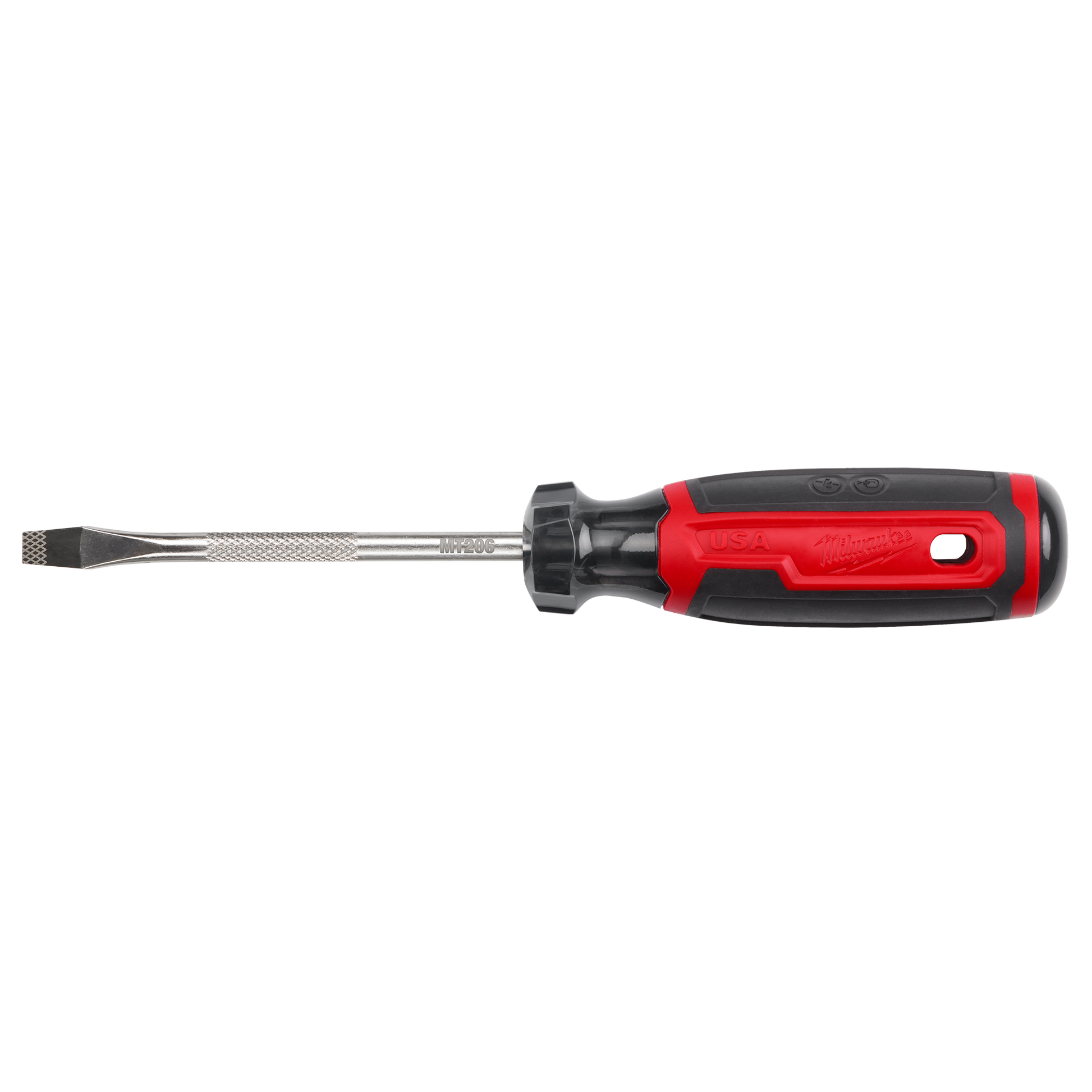 Red and black cushioned grip slotted screwdriver with 4-inch shank for tools and home improvement use