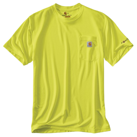 High-visibility neon lime short-sleeve performance t-shirt with chest pocket and moisture-wicking fabric, designed for durable workwear collections.