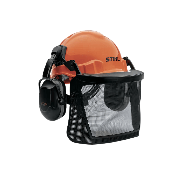 Orange protective helmet with attached ear muffs and mesh face shield for safety and PPE in hardware and home improvement