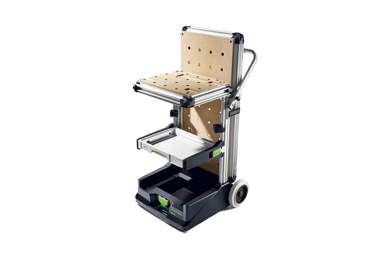 Compact mobile workshop with fold-out work surfaces and storage trays for woodworking and tool organization