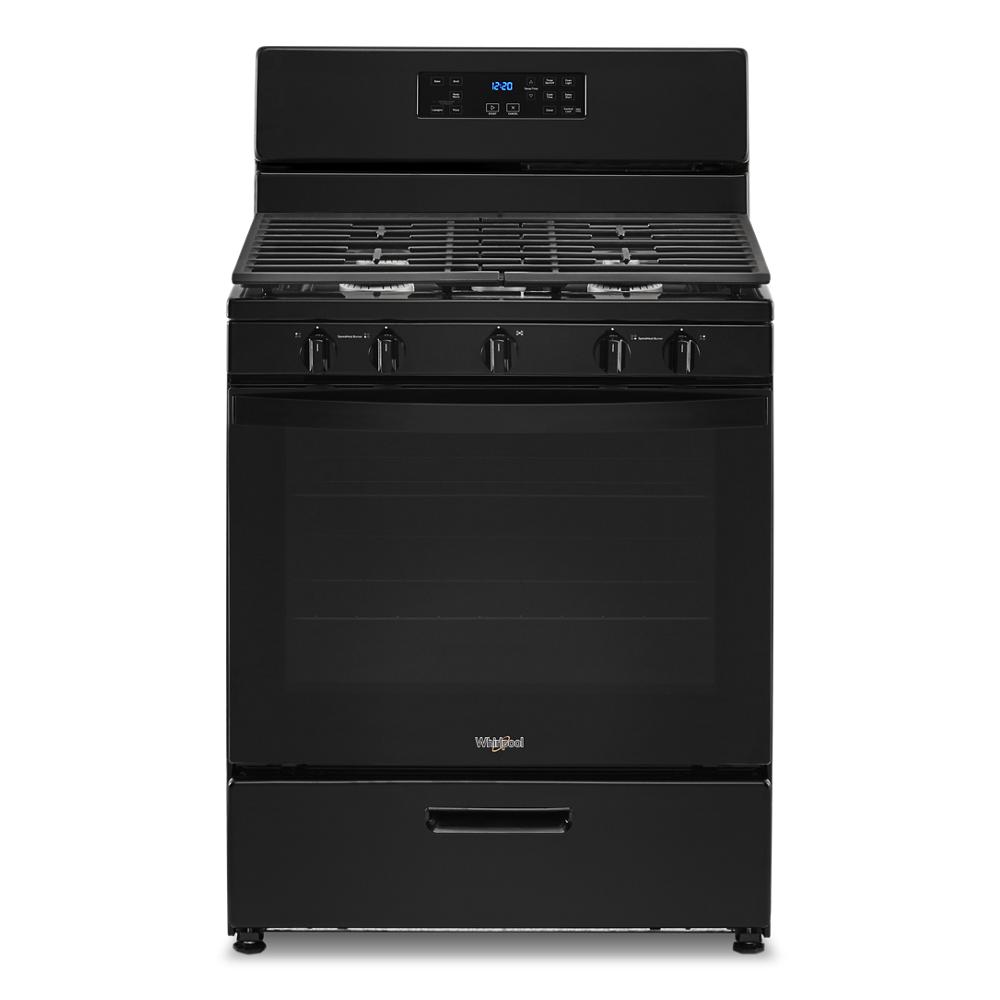 Freestanding black gas range with edge to edge cast-iron cooktop grates and digital control panel for kitchen and home improvement collections