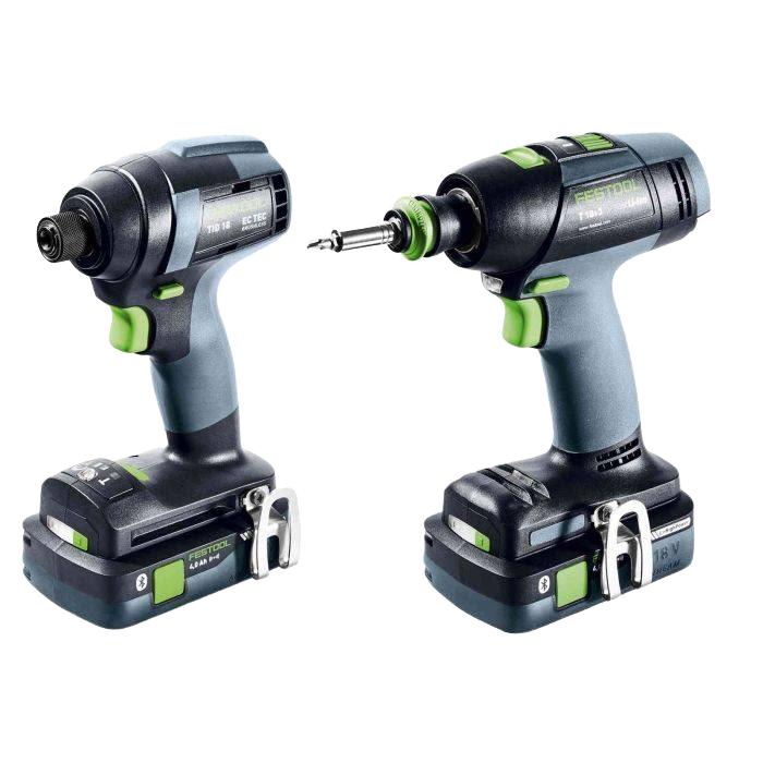Festool cordless impact driver and drill set with batteries and ergonomic grip for woodworking power tools