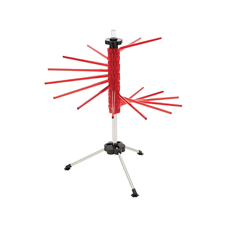 Red pasta drying rack with foldable arms and metal tripod base in kitchenware and kitchen gadgets collection under $50