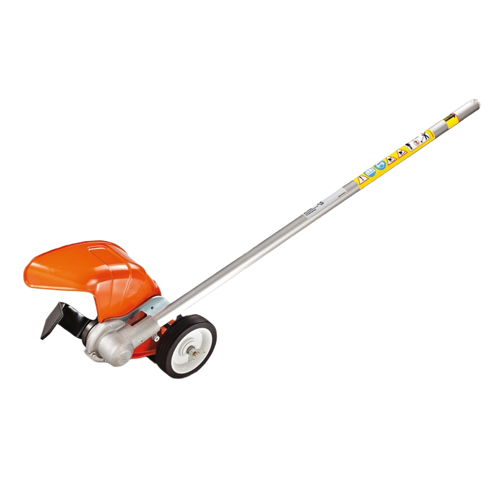 STIHL bed redefiner attachment with orange guard and single wheel for garden beds in home improvement tools collection