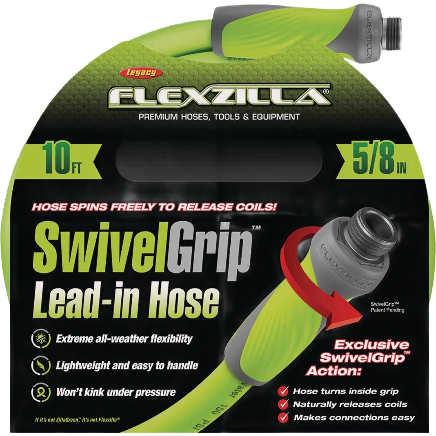 Packaging of Flexzilla green swivel grip garden hose with 10 ft length and features for home improvement tools